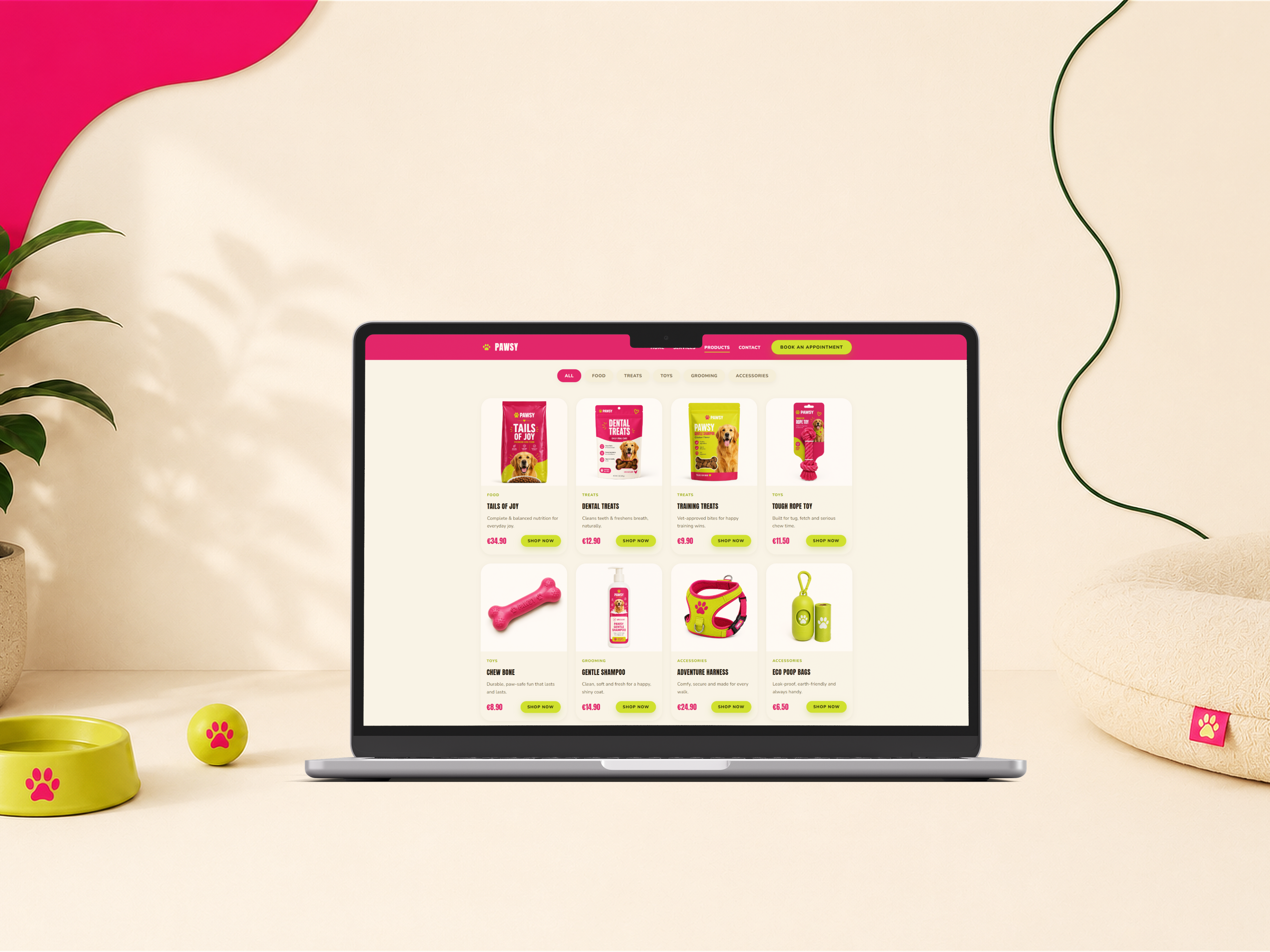 Pawsy website - online shop with filterable product cards and clear pricing